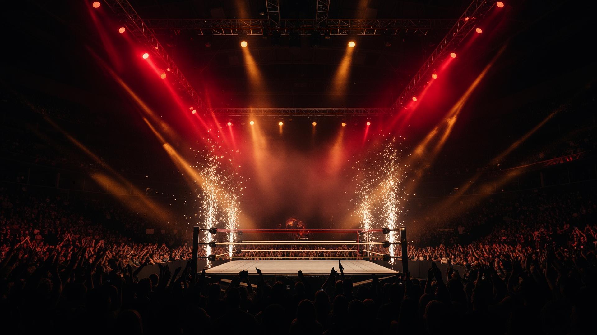 IRONCLAD wrestling arena lit with red and gold pyrotechnics